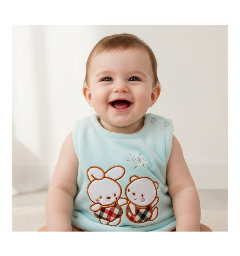 Light blue baby vest with cartoon bear design on a white background