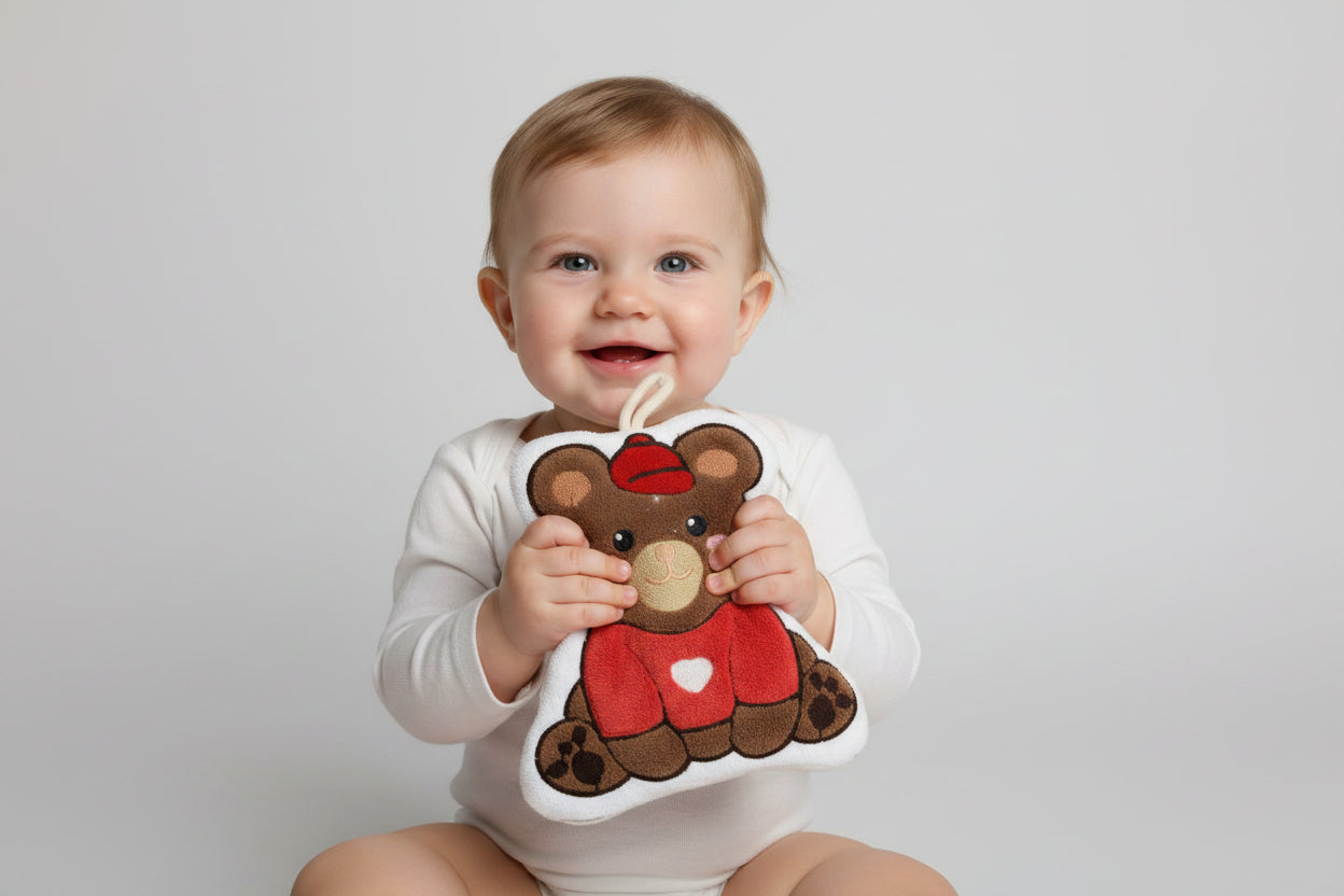 Cute Red Teddy & Soft Green Avocado Kids Hand Towel - 2 Piece