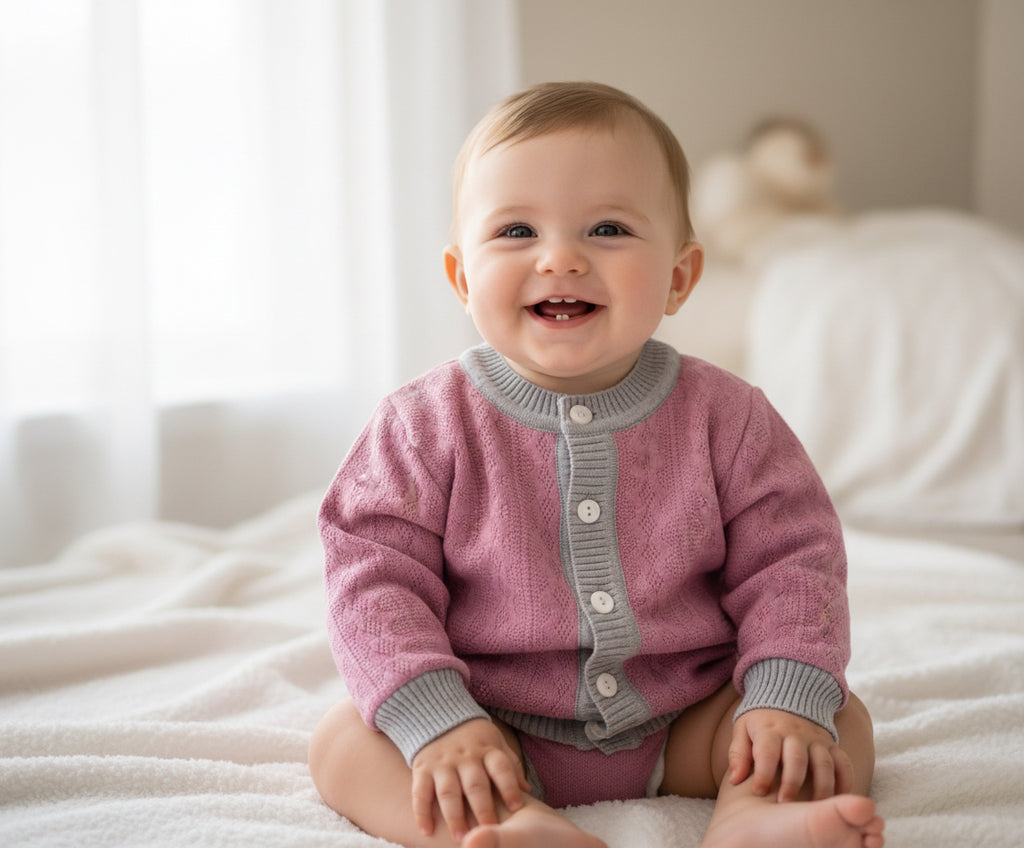 Pink and gray cardigan on a light gray background