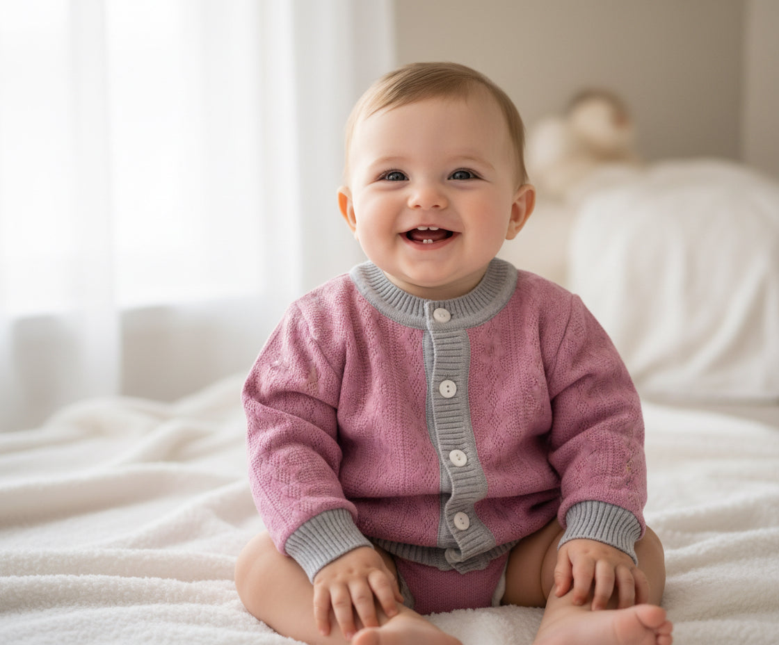 Pink and gray cardigan on a light gray background