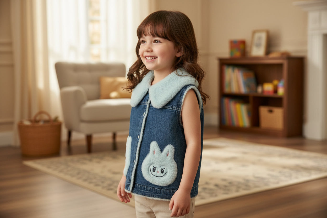 Denim vest with fluffy collar and bunny face patches on a light gray background