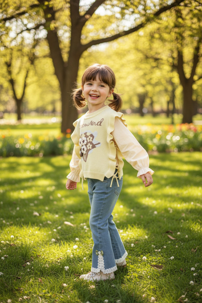 Children's outfit with yellow sweater and blue jeans on a white background