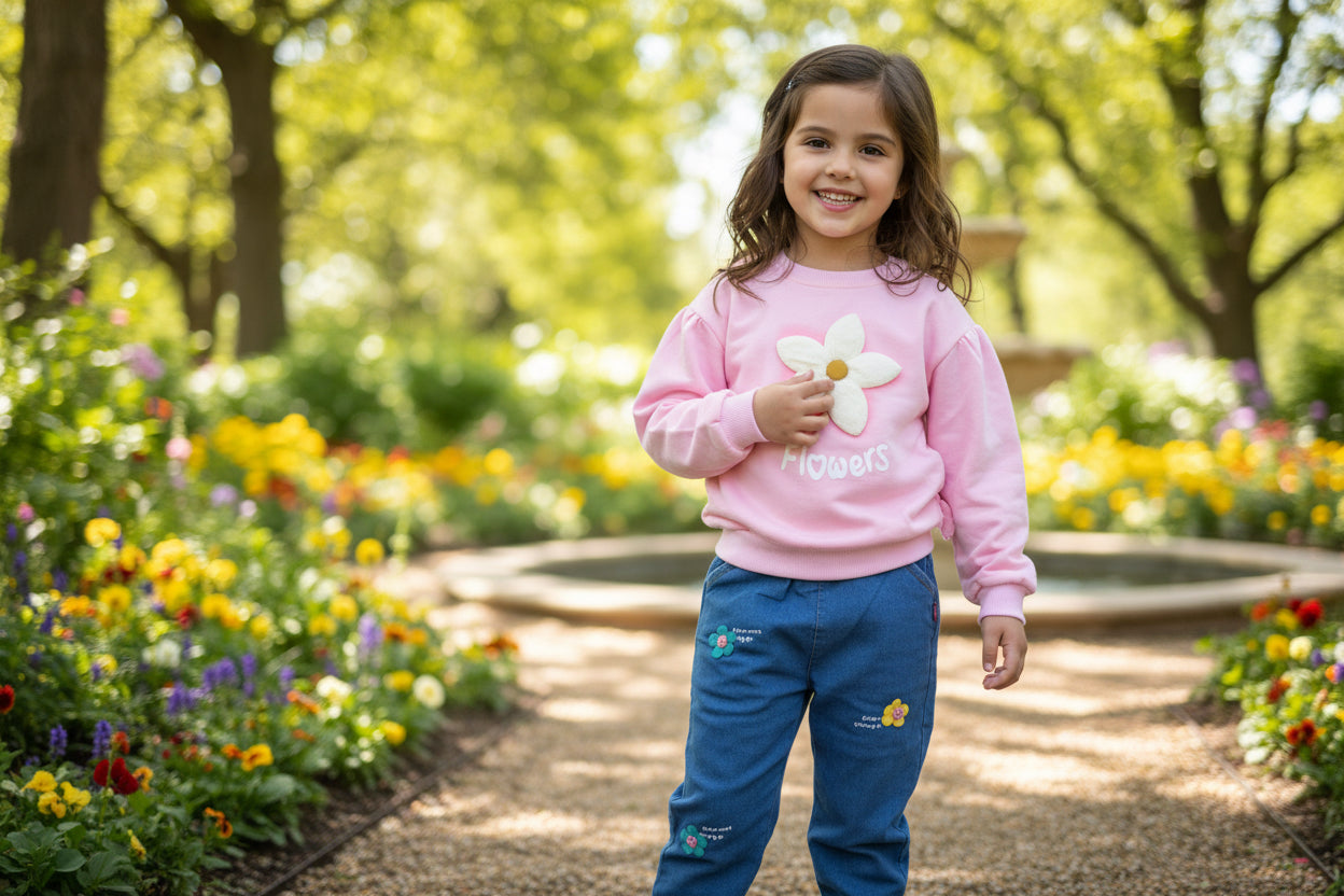 Young girl in pink sweater and blue pants standing in a garden with flowers and trees.