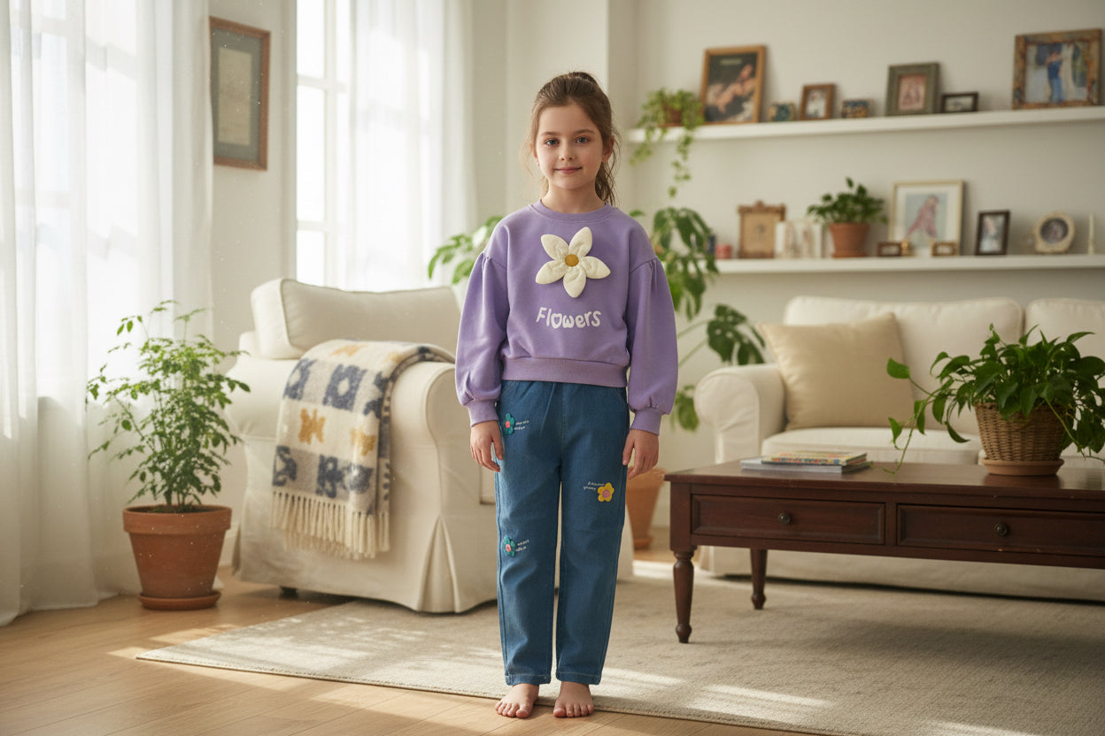 Purple sweatshirt with a flower design and text, paired with blue pants 