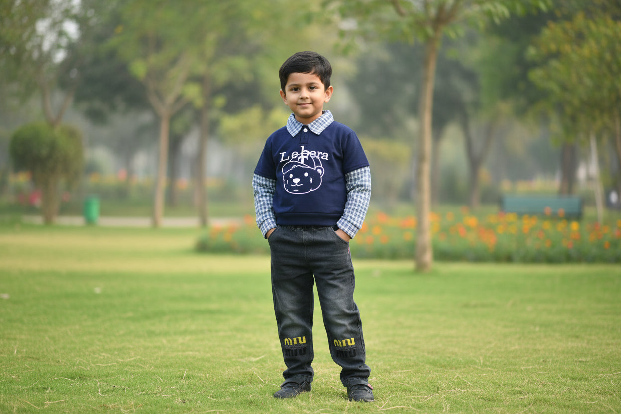 Children's navy blue t-shirt  with checkered sleeves and matching pants on a white background