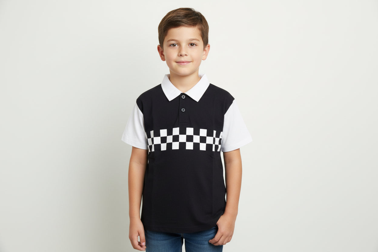 Blue and white checkered shirt with a collar on a light gray background