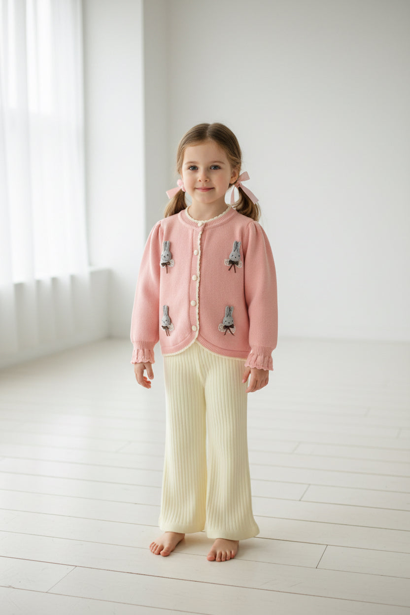 Pink cardigan with embroidered characters and yellow pants on a white background