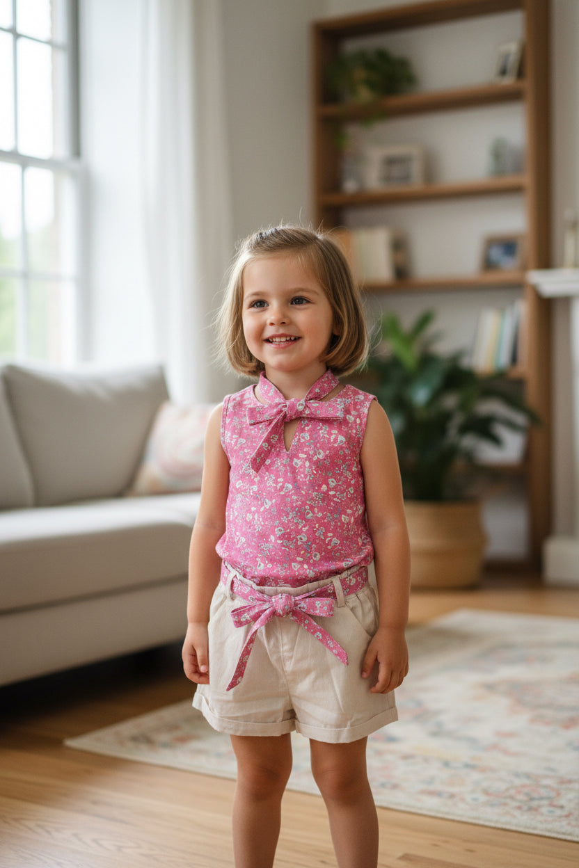 Pink floral top and beige shorts with a bow on a white background