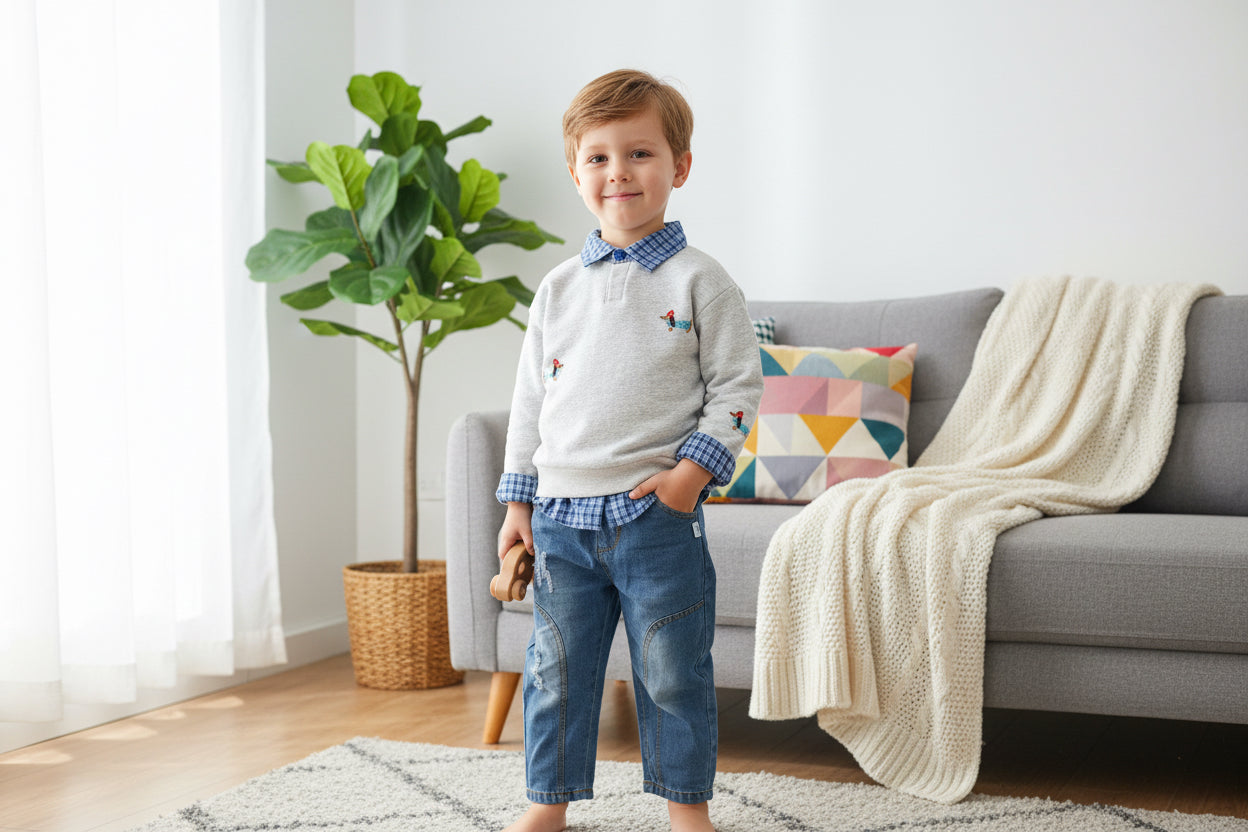 Children's outfit with a patterned shirt and blue jeans on a white background