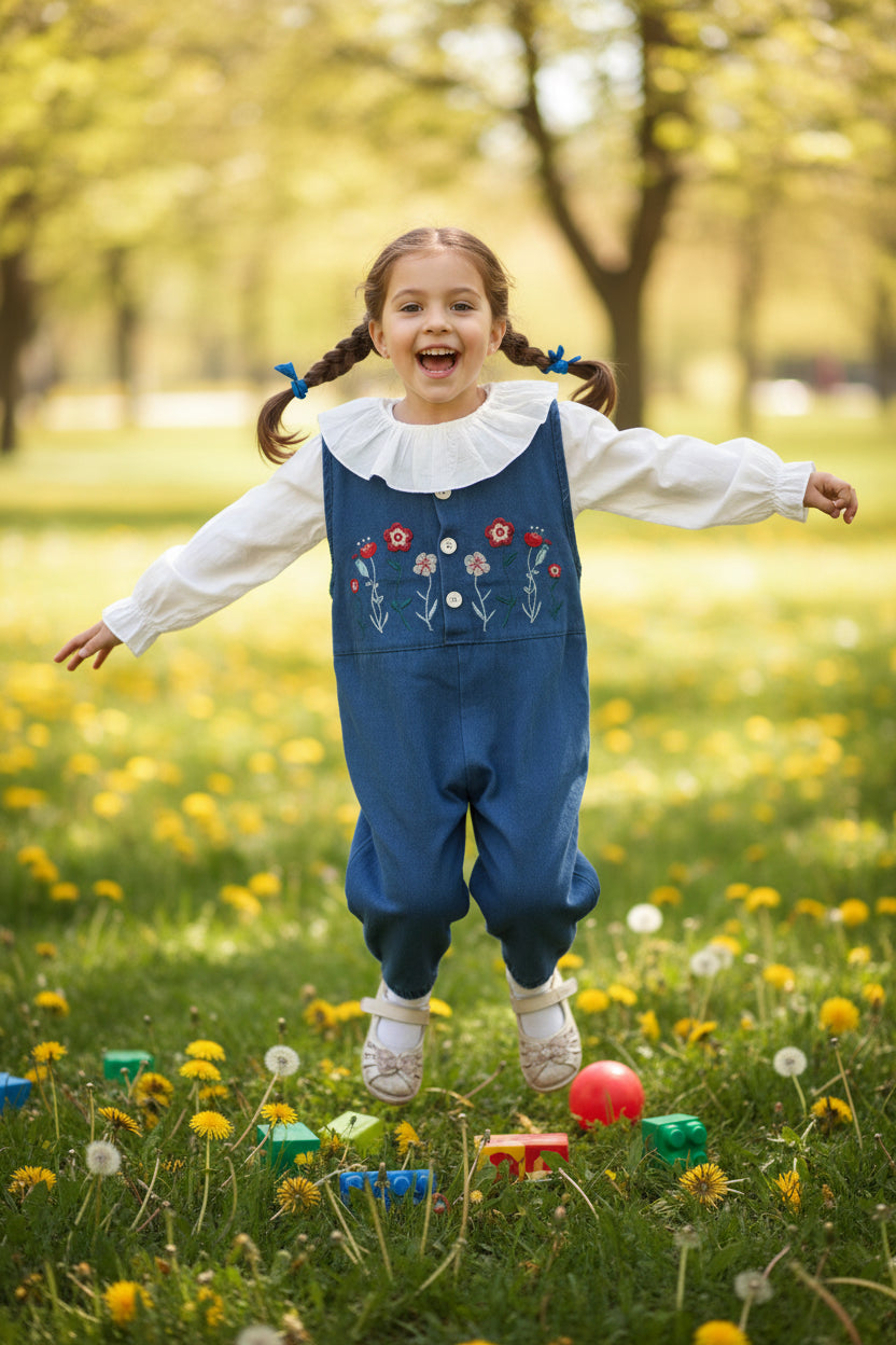 Blue embroidered overalls with a white shirt