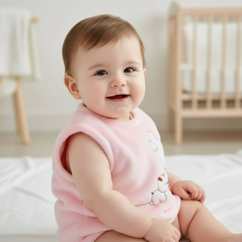 Baby wearing a pink sleeveless top with a cartoon design, sitting on a bed in a softly lit room.